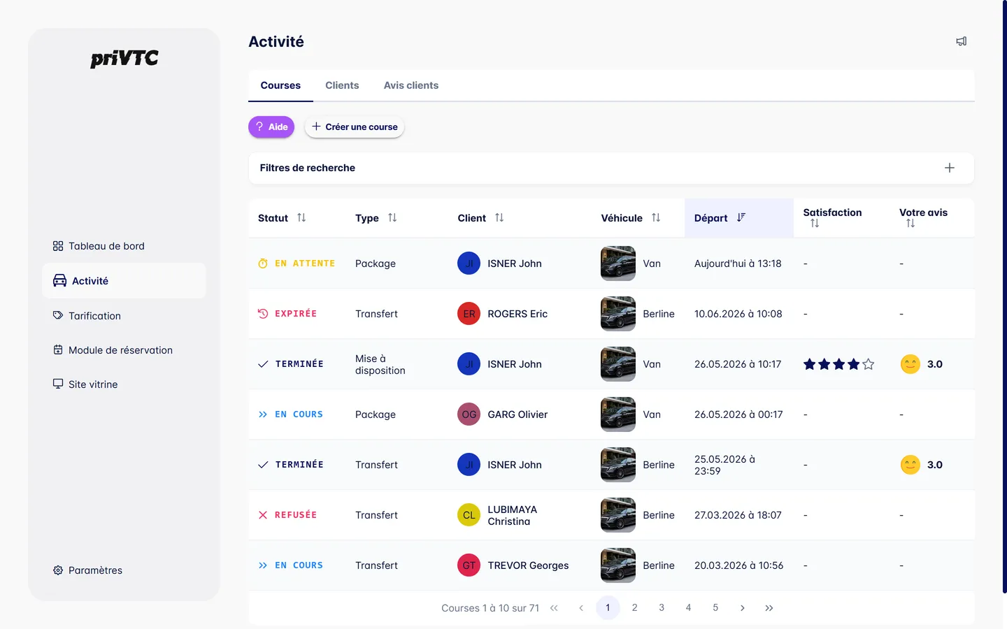 Application de gestion priVTC connectée au module de réservation VTC : suivi des courses et clients