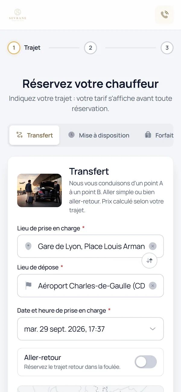 Étape 1 du module de réservation : le trajet
