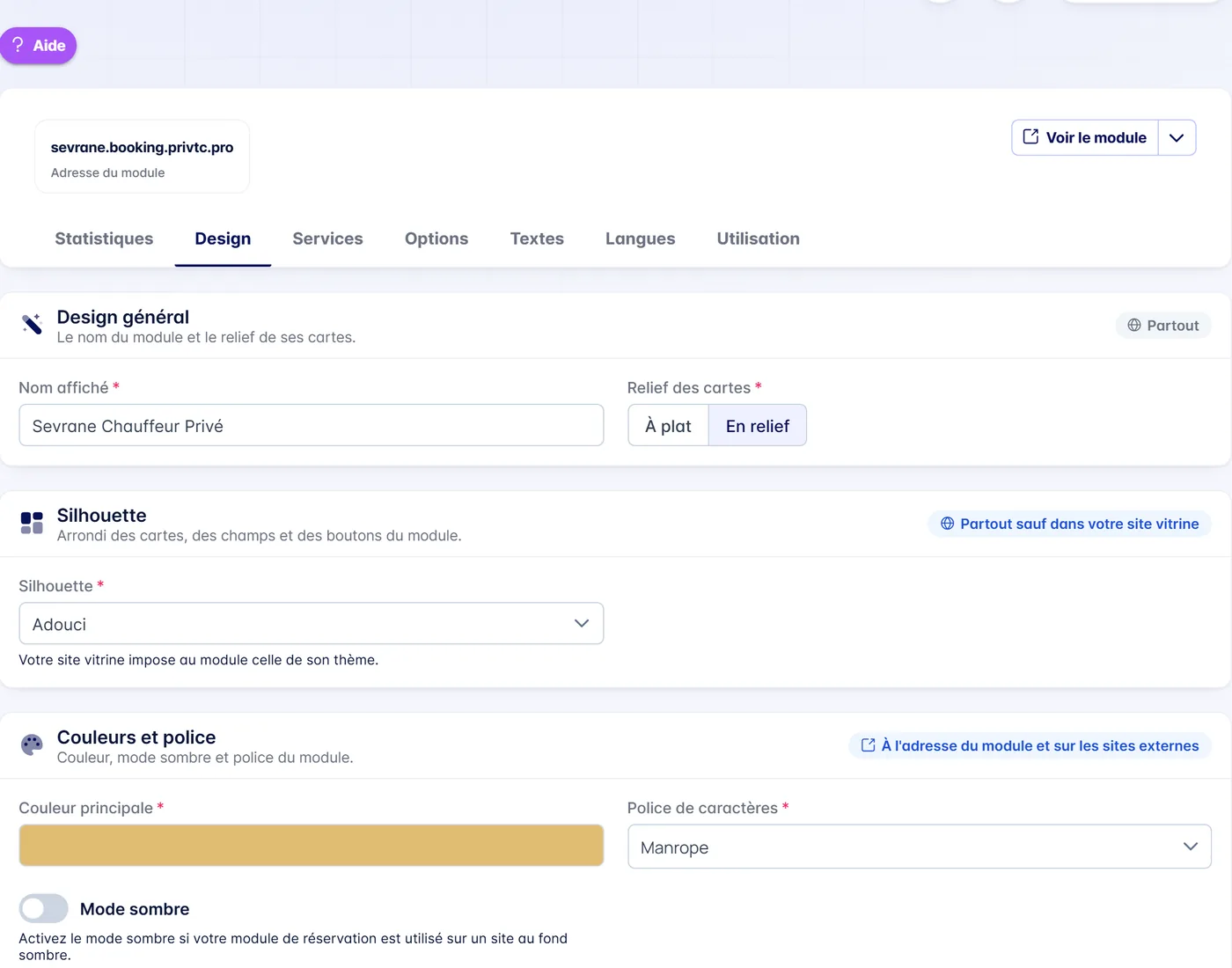 Réglages du design du module de réservation dans l'application priVTC