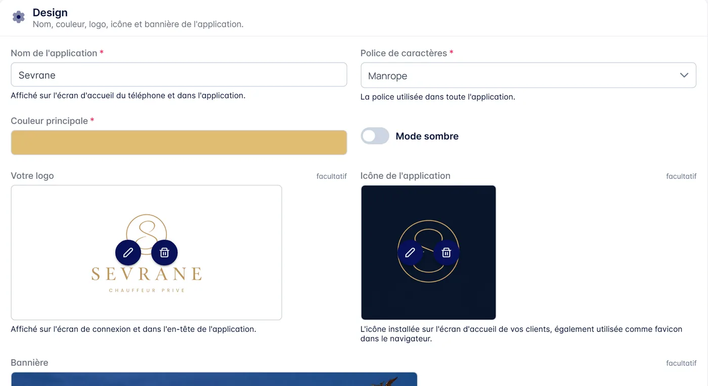 Réglages du design de l'application client dans priVTC : nom, couleur, logo et icône